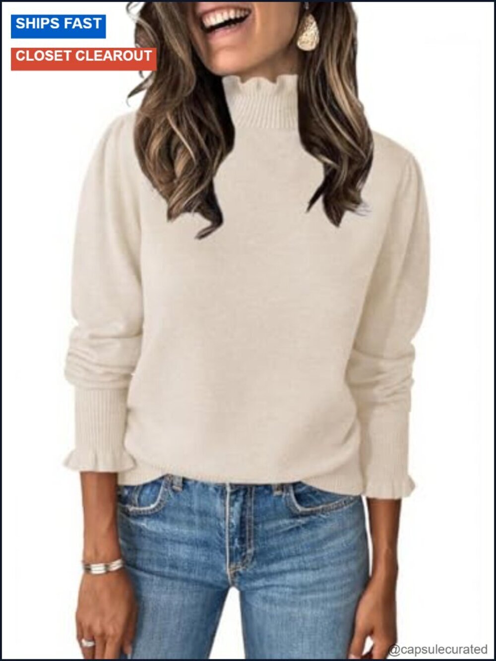 Ruffle Mock Neck Sweater Puff Long Sleeve Fall Trendy Pullover